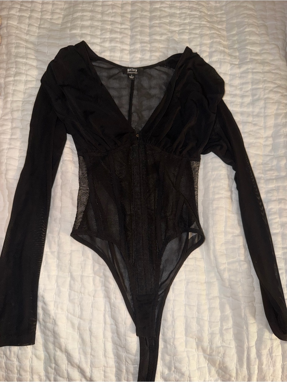 Black Mesh Long-Sleeve Bodysuit